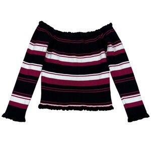 Love University Striped Off Shoulder Ribbed Knit Y2K Indie Top Black Burgundy L